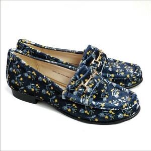 Cabi Carnaby Blue Velvet Floral Slip On Penny Loafer